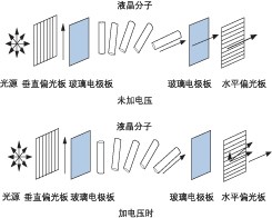 液晶 VOA 加電前后分子排列對比，展示偏振調(diào)控原理