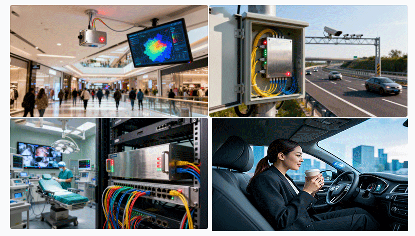 光開關在室內定位、智能交通、醫(yī)療通信等典型場景示意圖 - 廣西科毅