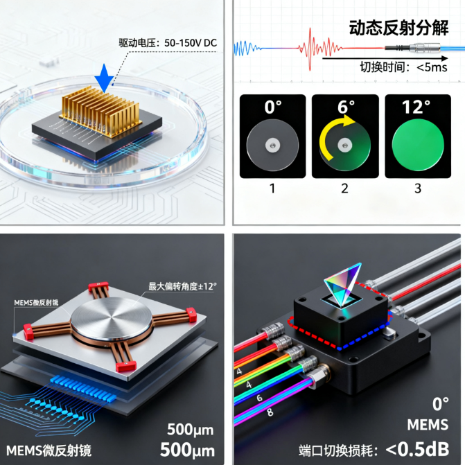 MEMS光開(kāi)關(guān)工作原理靜電驅(qū)動(dòng)微反射鏡光路切換光通信