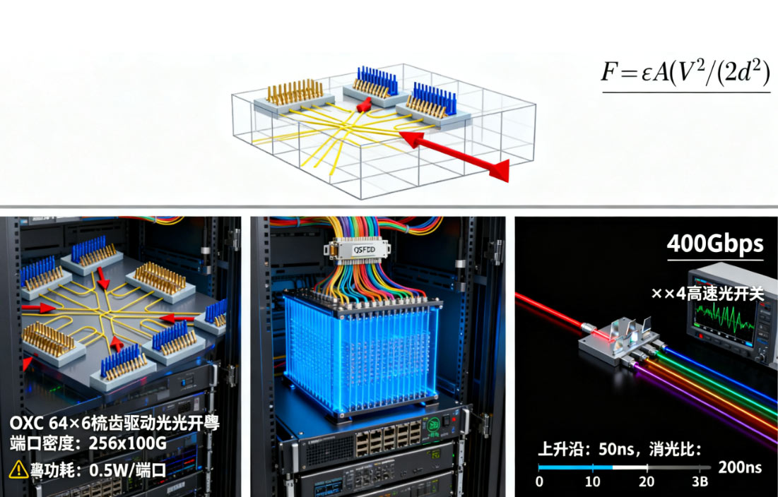 靜電梳齒驅(qū)動(dòng)光開(kāi)關(guān)結(jié)構(gòu)示意圖高速光開(kāi)關(guān)數(shù)據(jù)中心OXC