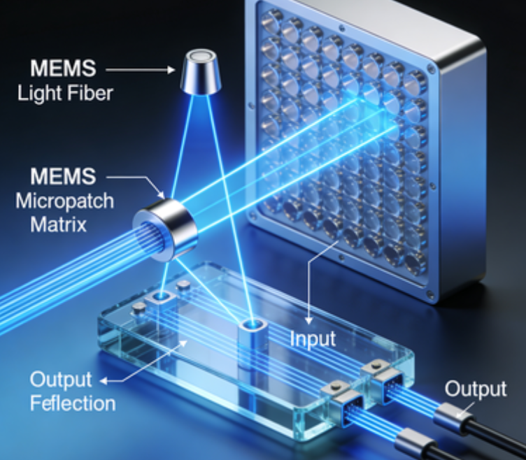 三維MEMS光開(kāi)關(guān)工作原理示意圖-廣西科毅光通信 三維MEMS光開(kāi)關(guān)工作原理示意圖-廣西科毅光通信